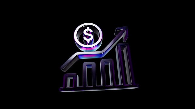 3d metallic dollar coin icon with rising business growth graph chart on black background 3D Icon