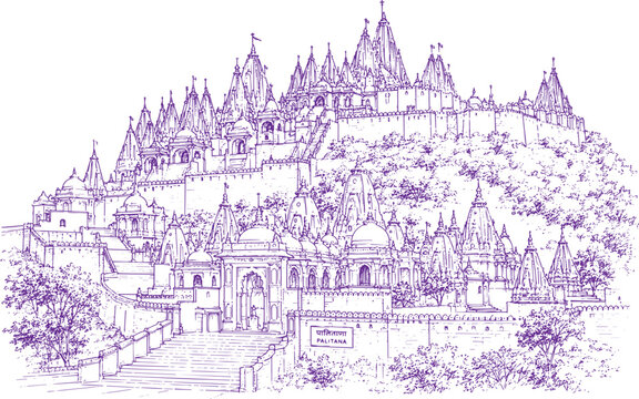 Palitana Temples Hand Drawn Line Art Sketch, Jain Temple Complex Architecture, Architectural Illustration, Detailed Pen Ink Drawing, Sacred Heritage Landmark, Vintage Engraving Style