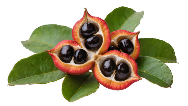 Isolated ripe tropical ackee fruit pods revealing shiny black seeds and lush green leaves