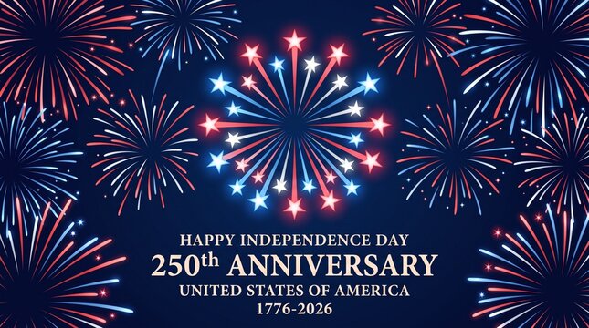 Banner 250th anniversary of USA. 250 years of independence. 4th of july 2026 usa independence day. US flag fireworks, golden text on dark blue sky background. Vector greeting card. Fourth of ...