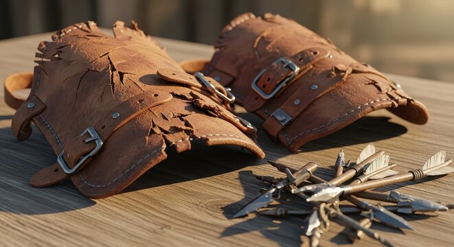 Torn and Stained Leather Bracers with Metal Accents and Arrowheads