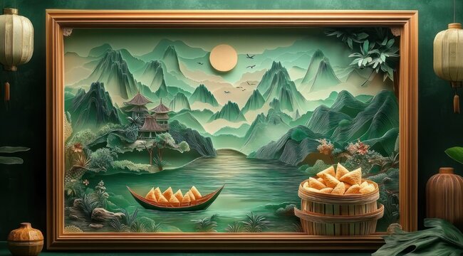 framed layered green mountain and lake scene with pagoda, small boat of triangular wrapped parcels and a basket, hanging lanterns, moon and birds conveying serene nostalgic calm
