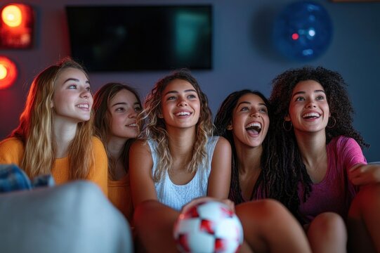 Five young women seated on a couch in a dim living room with colored lights and a soccer ball, leaning forward and watching TV with focused, excited anticipation