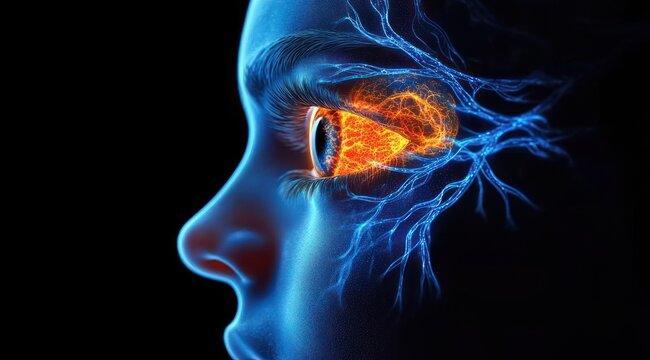 blue human profile with a glowing fiery eye and branching electric neural veins conveying intense focus and awe