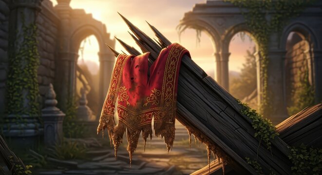Torn Fragment of Ornate Nobleman's Silk Fabric Adorning Ancient Ruins