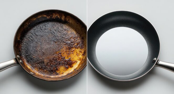Side-by-side comparison of a heavily burnt greasy frying pan and a spotless clean nonstick skillet showing contrast of disgust and satisfaction