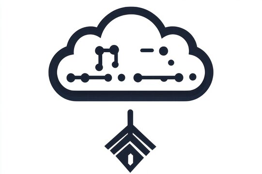 monochrome outlined cloud with circuit-like dots and lines and a dangling diamond-shaped lock with keyhole, conveying secure connected technology and confident protection