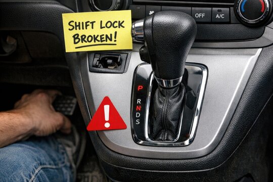 A sticker indicating the shift lock is broken in a vehicle