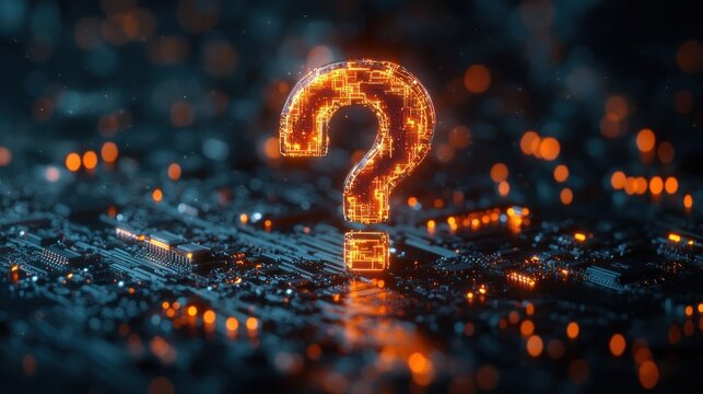 glowing digital question mark hovering above a circuit board with lit microchips, evoking curiosity and technological mystery