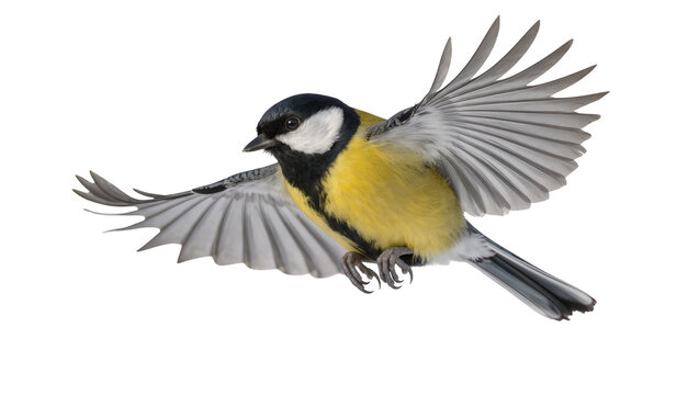 Isolated vibrant great tit bird captured mid-flight, wings fully extended and soaring