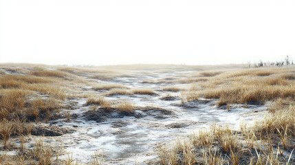 Obraz premium windswept frosty grassland with golden dried grasses, scattered patches of snow and muddy ruts beneath a pale bright sky, evoking quiet solitude and cold serenity