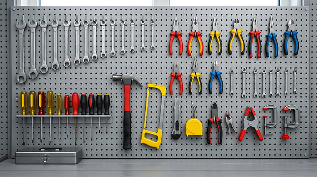 Neatly organized hand tools hanging on a gray metal pegboard wall in workshop