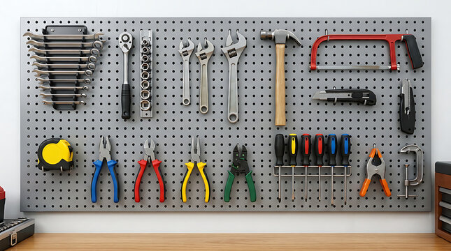 Organized hand tools hanging on a gray metal pegboard wall in a tidy workshop garage