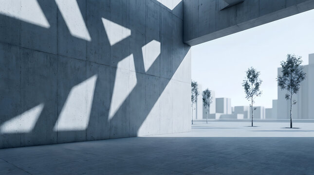 Abstract geometric shadows on brutalist concrete wall architecture