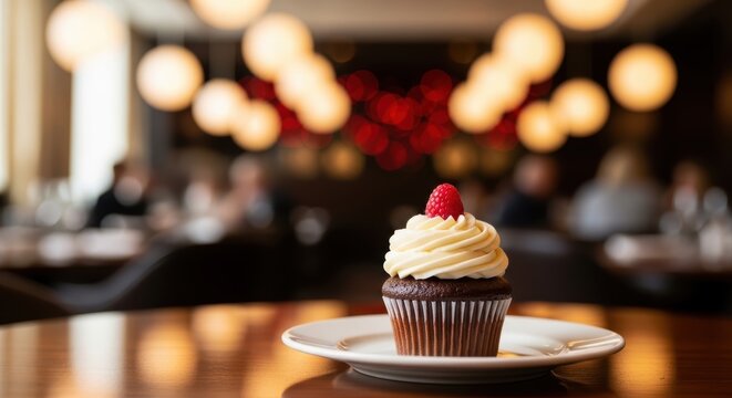 Decadent chocolate cupcake with raspberry on top, soft light in fancy restaurant setting.