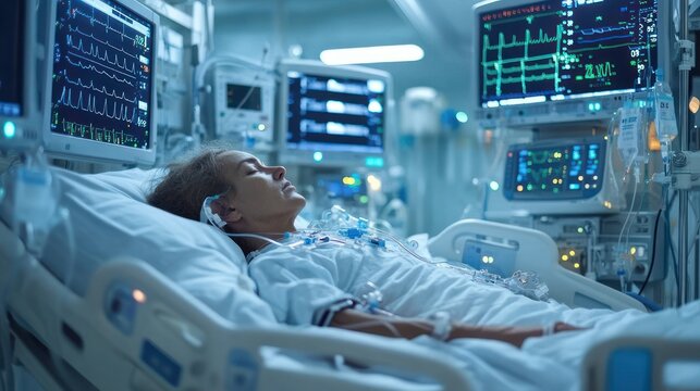 Critically ill patient lying in an intensive care hospital bed connected to a ventilator and life support monitors, surrounded by medical equipment in a somber clinical atmosphere
