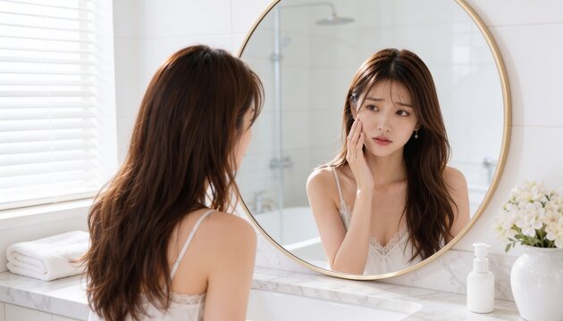 鏡を見ながら肌の状態を気にする若い女性のスキンケアイメージ