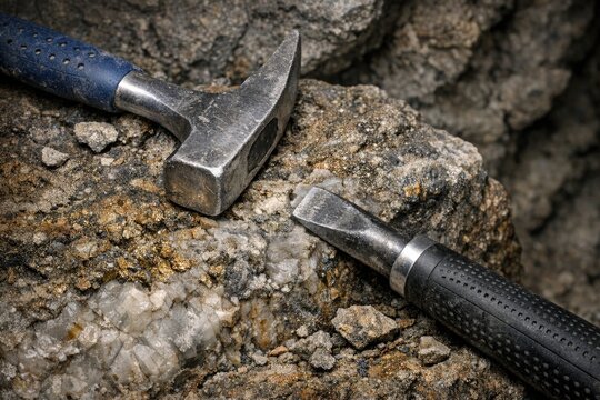 A hammer rests on top of a rock near another hammer, ready for use