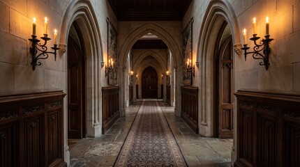 Obraz premium Symmetrical Gothic revival hallway with pointed stone arches, dark wood paneling, and long ornate runner rug on stone floor