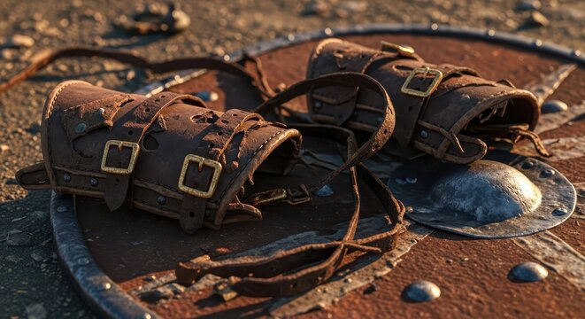 Worn and Torn Leather Bracers with Brass Buckles and Straps