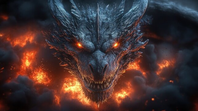 Ferocious dragon head emerging from fire and smoke with glowing eyes, razor teeth, horns and embers, snarling in a menacing, enraged expression