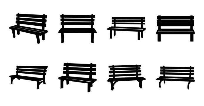 Six empty park benches in a row - Simple vector illustration of six identical park benches lined up neatly in a row, ready for use in parks or public spaces.