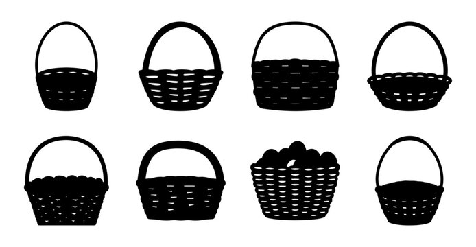 Black and white basket icons with fruits - Minimalist vector illustration of empty and fruit-filled baskets in black and white style for graphic design use.