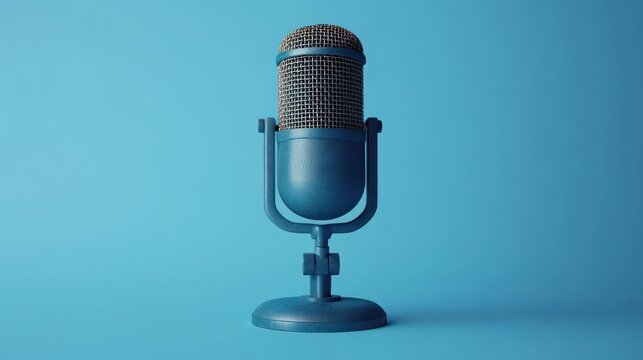 vintage-style blue studio microphone with metal grille on a round stand casting a soft shadow on a monochrome blue background, evoking calm focused nostalgia