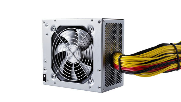 Isolated modern computer power supply unit with cooling fan and bundled electric cables