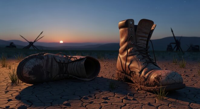 Worn Leather Boots Caked With Dirt on Cracked Ground at Sunset