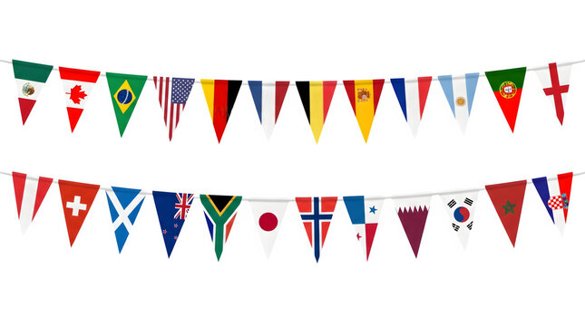 Colorful bunting flags featuring various international national emblems hanging in two rows as a decorative festive display on transparent background