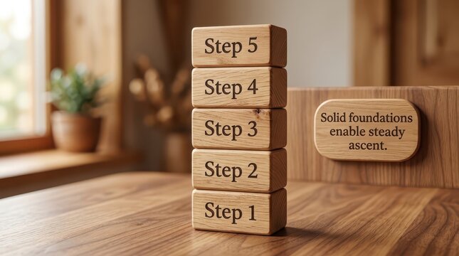 Wooden Blocks Stacked in Numerical Sequence Showing Steps 1 to 5