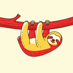 Fototapeta premium Cute cartoon sloth hanging from a red branch in a relaxed pose