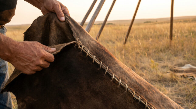 Hands Stitching Hide with Sinew in Outdoor Setting