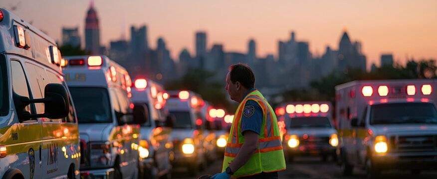 A row of ambulances at sunset with paramedics preparing equipment against an urban skyline.