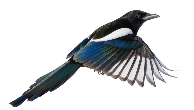 Isolated majestic magpie bird in graceful flight, wings extended showing colorful feathers
