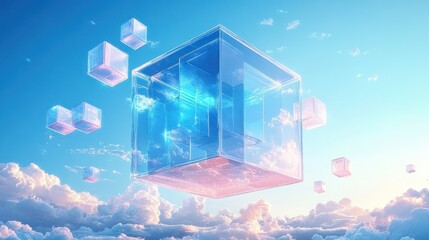 Obraz premium transparent glass cubes floating above a pastel cloudscape at sunrise, serene dreamy futuristic sky evoking wonder