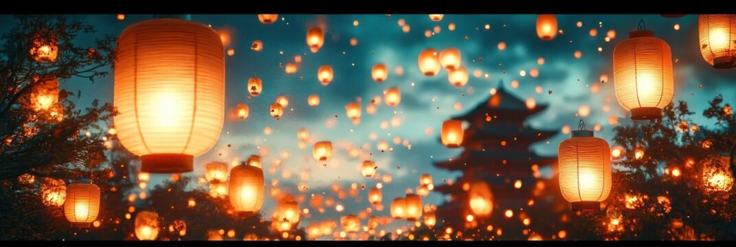 glowing paper lanterns drifting across a twilight sky above a silhouetted pagoda and trees, evoking a magical peaceful celebration