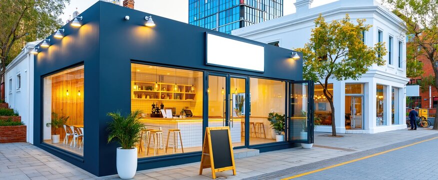 Urban caf&eacute; exterior featuring a minimalist design and warm lighting, ideal for modern branding displays.