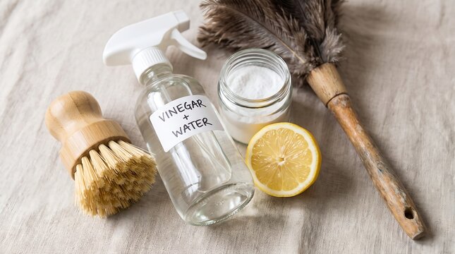 Natural Eco-Friendly Home Cleaning Supplies Featuring Vinegar Spray Baking Soda and Lemon