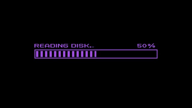 Retro pixel art reading disk loading bar animation purple computer storage progress bar disk access system loading 8 bit tech UI 4K motion graphics