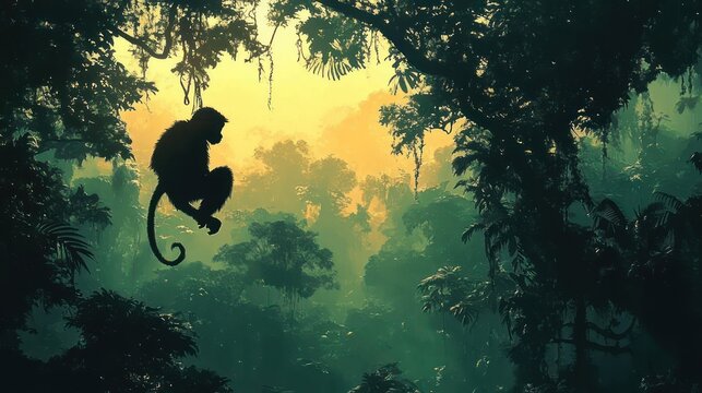 silhouette of a monkey perched on a vine amid misty tropical rainforest canopy at golden sunrise, serene and contemplative atmosphere