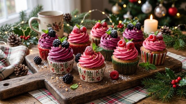 Christmas berry cupcakes with pink frosting on wooden board, festive holiday dessert table with pine branches, winter celebration sweets with berries