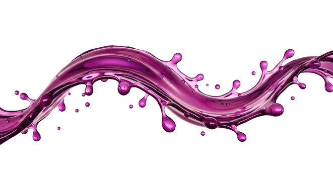 viscous magenta-purple liquid (blackcurrant extract) dynamically frozen mid-flight wave with hyper-glossy droplets, 3d cgi macro shot on transparent background. concept for luxury product advertising
