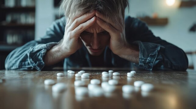 distressed person with blurred face holding head over wooden table scattered with white pills, tense and overwhelmed in dim room