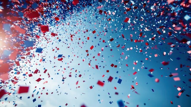 red and blue confetti squares and rectangles bursting across a bright blue sky with sunlight, festive joyful motion and celebratory energy