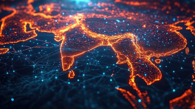 glowing digital map of south and southeast asia with orange illuminated coastlines and blue network nodes conveying futuristic connectivity and dynamic data flow