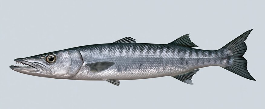 A finely crafted silver barracuda with pronounced teeth positioned against a simple light gray backdrop, perfect for outdoor and fishing-related marketing.