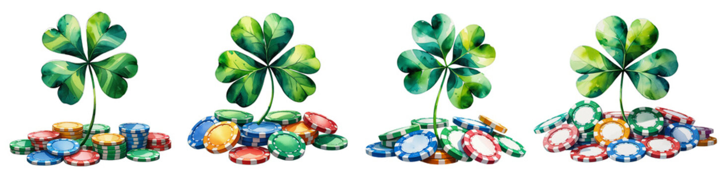 Casino Chips Stack with Green Clover Isolated on Transparent Background, Luck and Gambling Concept.