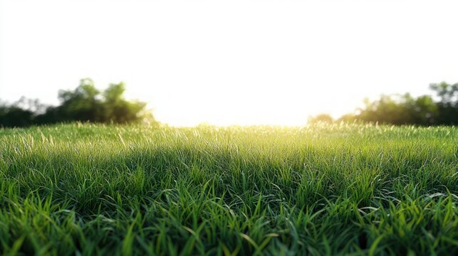 Close low-angle view of lush green grass leading to a blurred treeline and bright glowing sunrise, evoking a peaceful fresh morning and serene natural calm